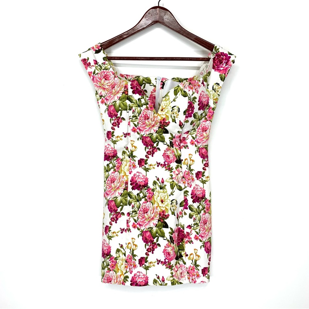Signature 8 Bodycon White Pink Green Floral Sweetheart Neckline Micro Mini Dress